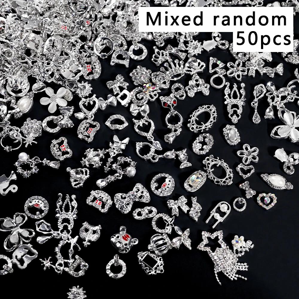 Breloques pour ongles en métal, nœud papillon/couronne en argent 3D, avec pendentif pompon, papillon