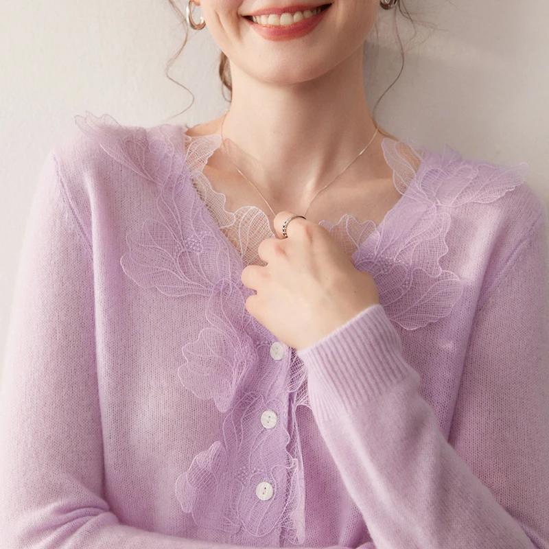 Cardigans de luxe en cachemire pour femmes, col en v, hauts en tricot, décontracté, motif feuilles,