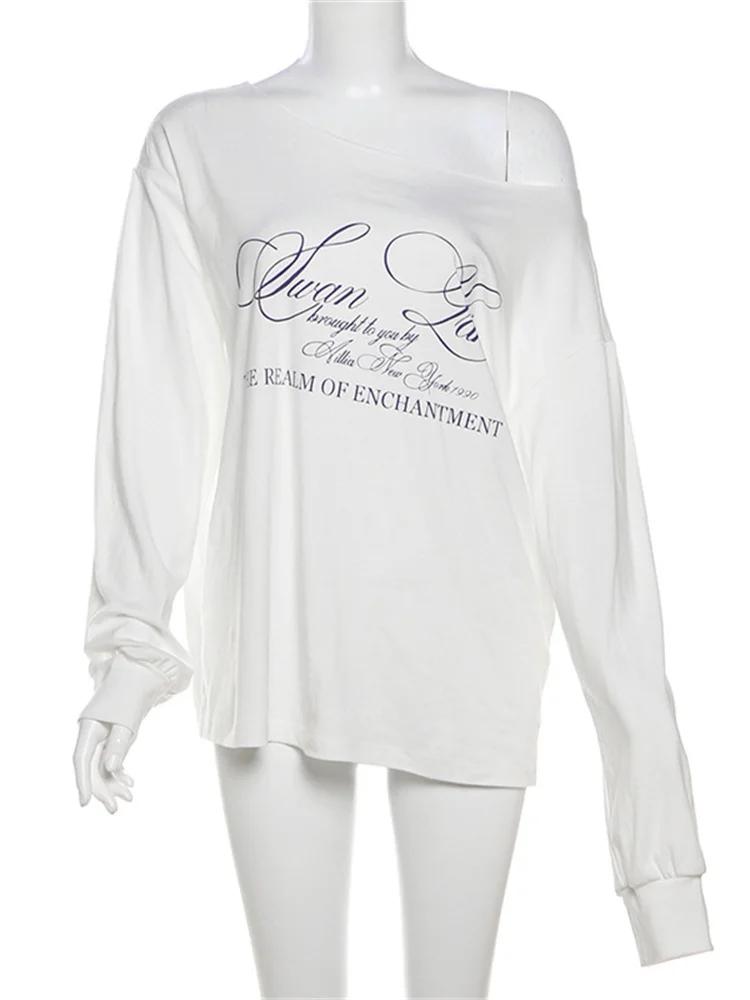 Sisterlinda quotidien Style polyvalent T-Shirts femmes lettre impression épaule inclinée manches lon