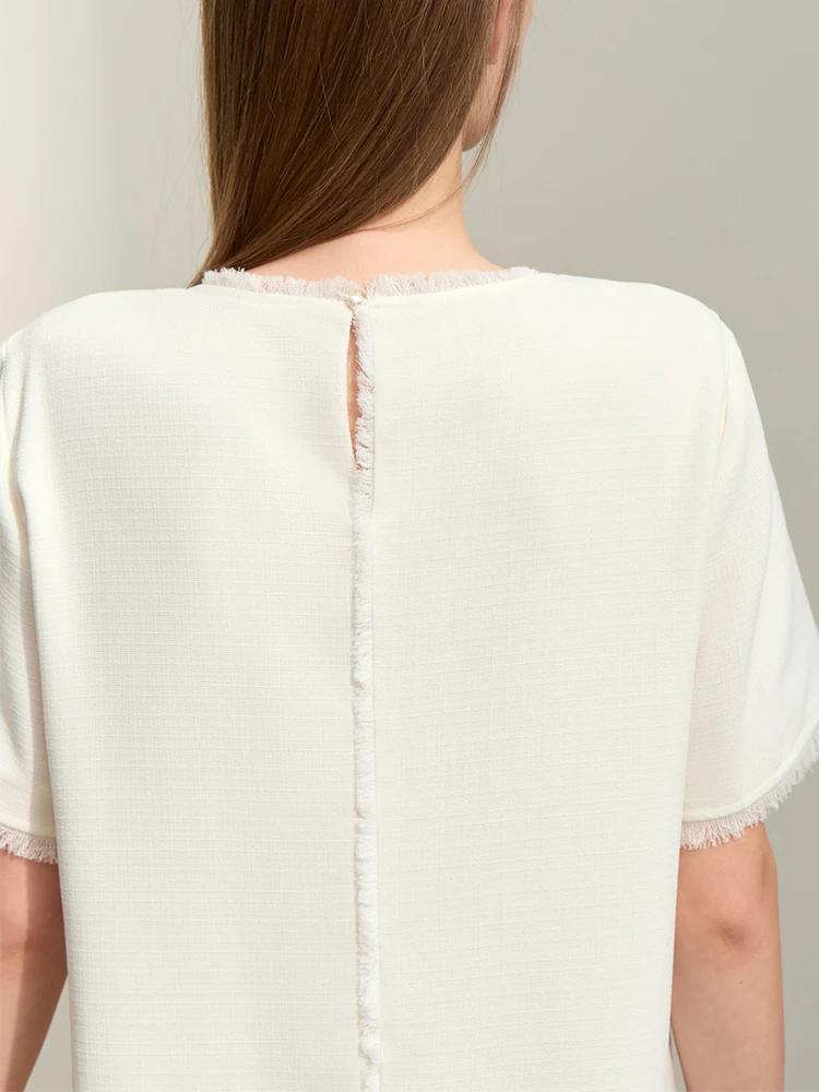 Amii-Robe mi-longue droite à manches courtes pour femmes, robes minimalistes, pompon épissé, léger,