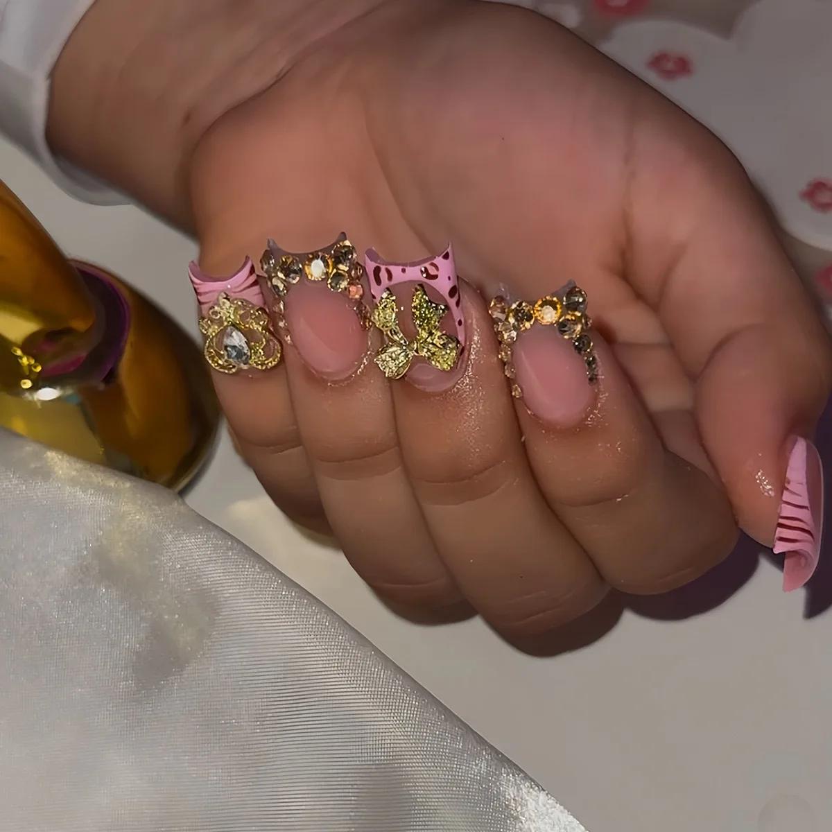 Faux ongles en bec de canard détachables, imprimé léopard Y2k, rose, court, à pression, fleur, couve