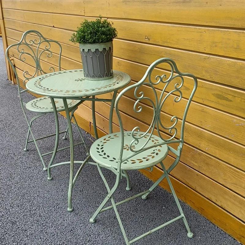 Silla Plegable américain rétro vieux motif creux chaise en fer forgé pliable cour extérieure Villa l