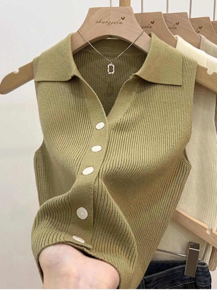 Cardigan tricoté de couleur unie pour femmes, pull coréen sans manches à simple boutonnage, col rond
