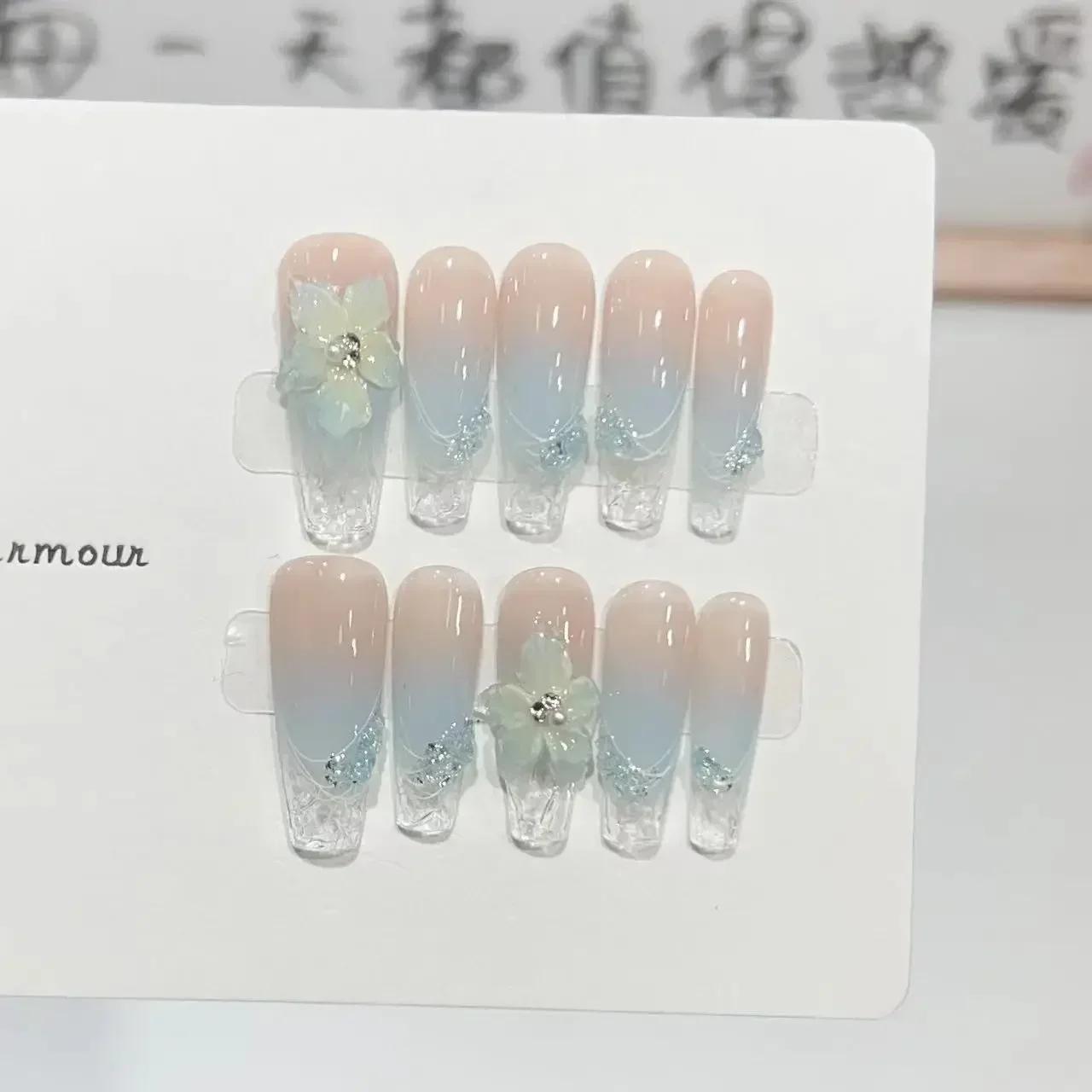 10 pièces Aurora oeil de chat presse à la main sur les ongles rose fleur de cerisier faux ongles fle