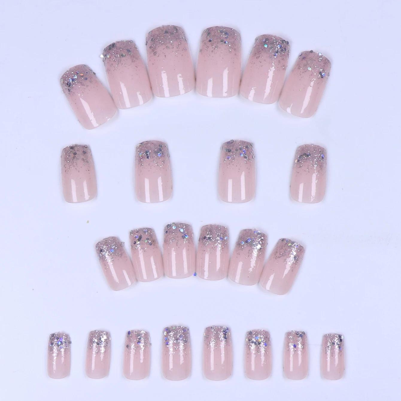 Faux ongles à paillettes pour femmes et filles, 24 pièces/ensemble, nickel é scintillant, rose, noir