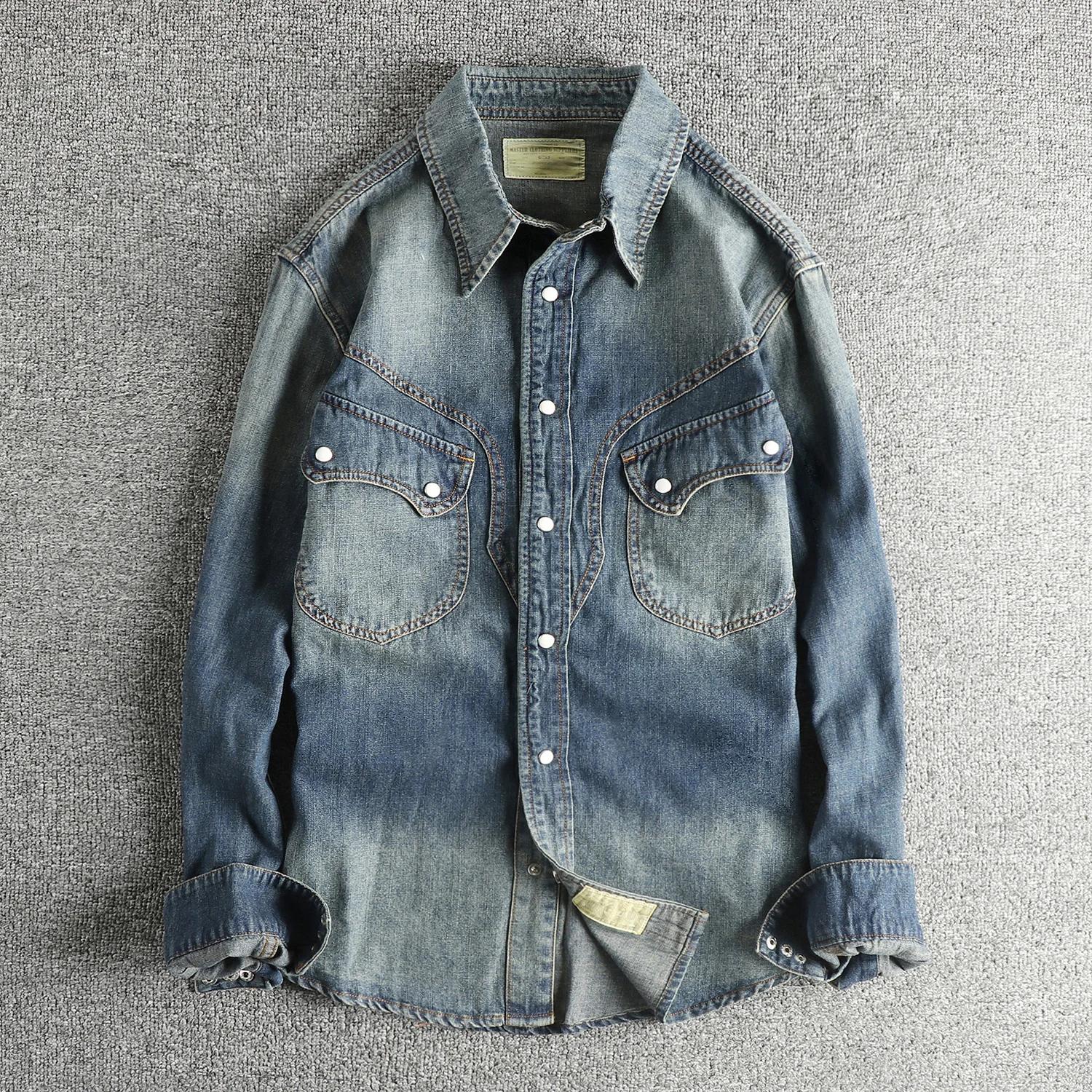 Réplique de chemise en jean pour hommes, Style rétro occidental américain, avec boutons en perles, n
