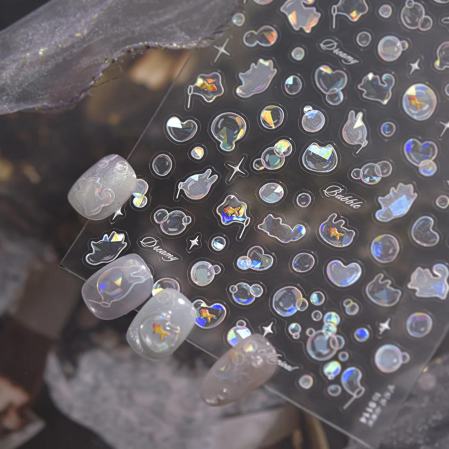 Autocollants de décoration d'ongles à bulles souffantes brillantes, coquille 5D légère, amour chat,
