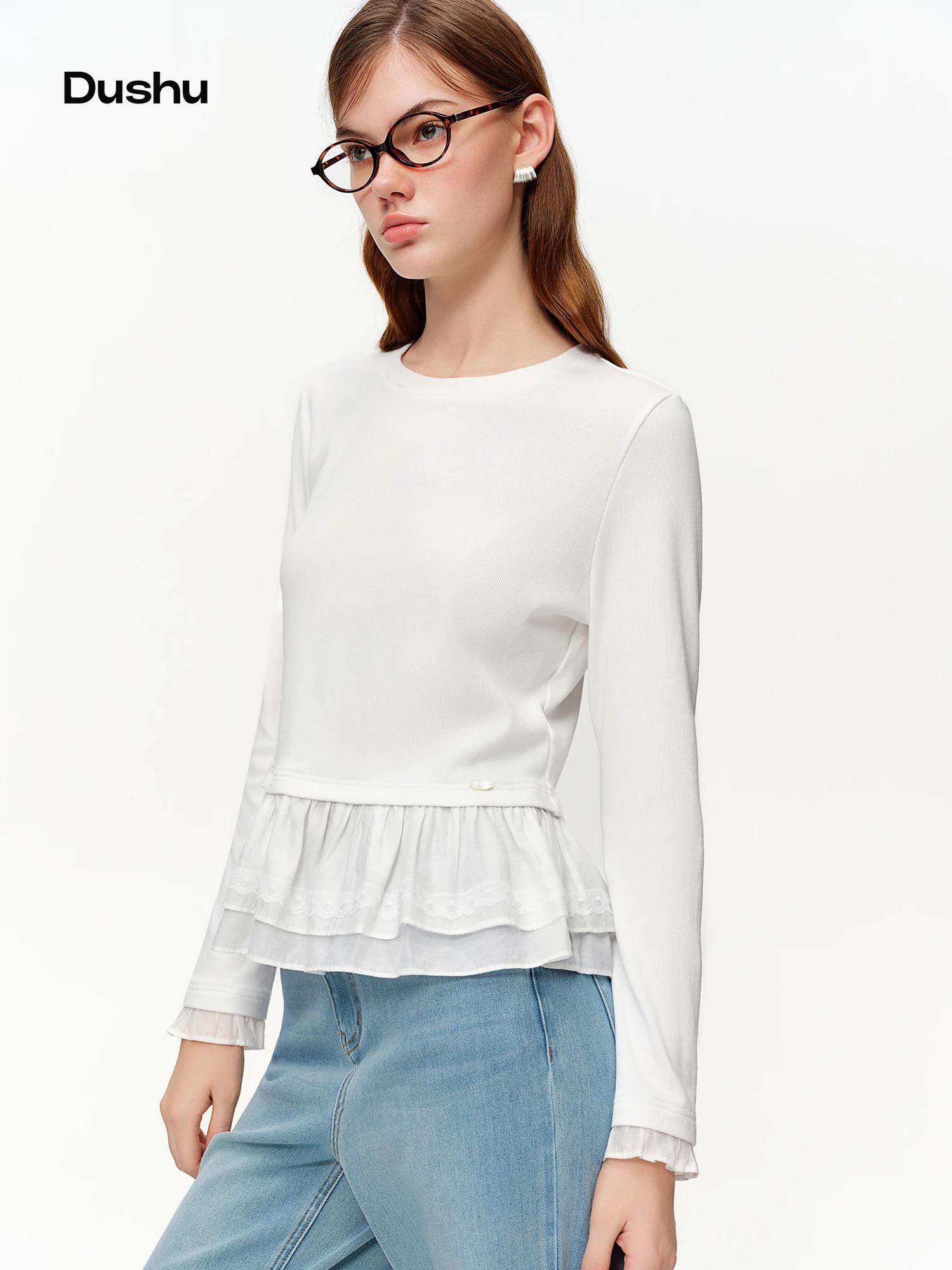 DUSHU – T-Shirt tricoté à col rond et bordure à volants pour femme, couche de Base à Texture côtelée