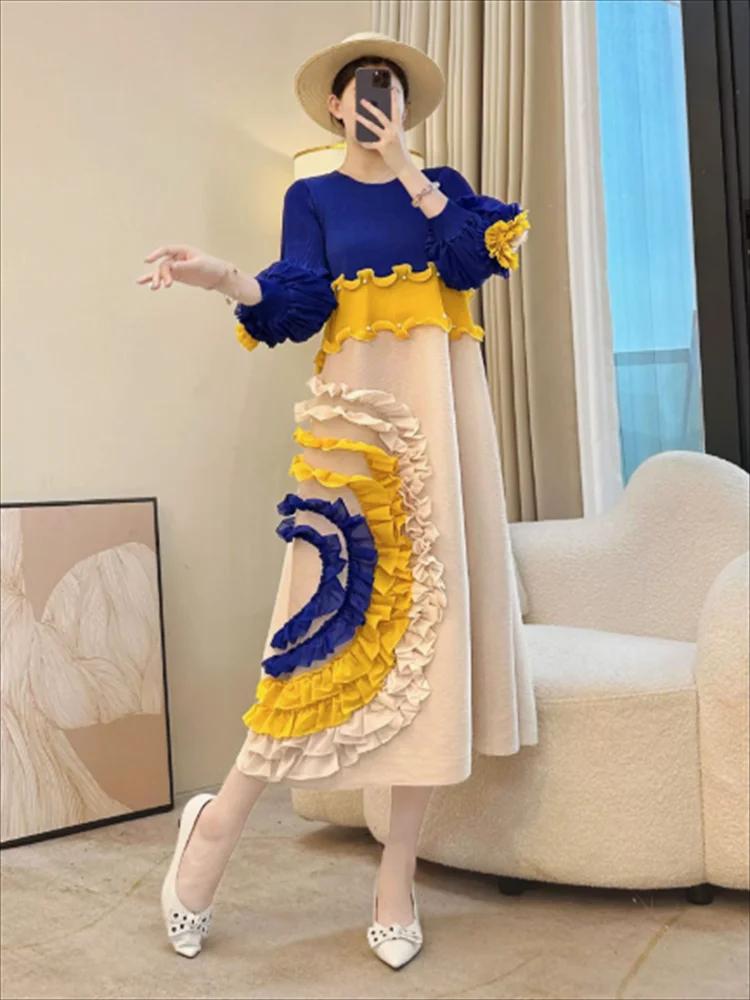 Miyake cravate fleur conception femmes robe plissée col rond à manches longues Colorblock Patchwork