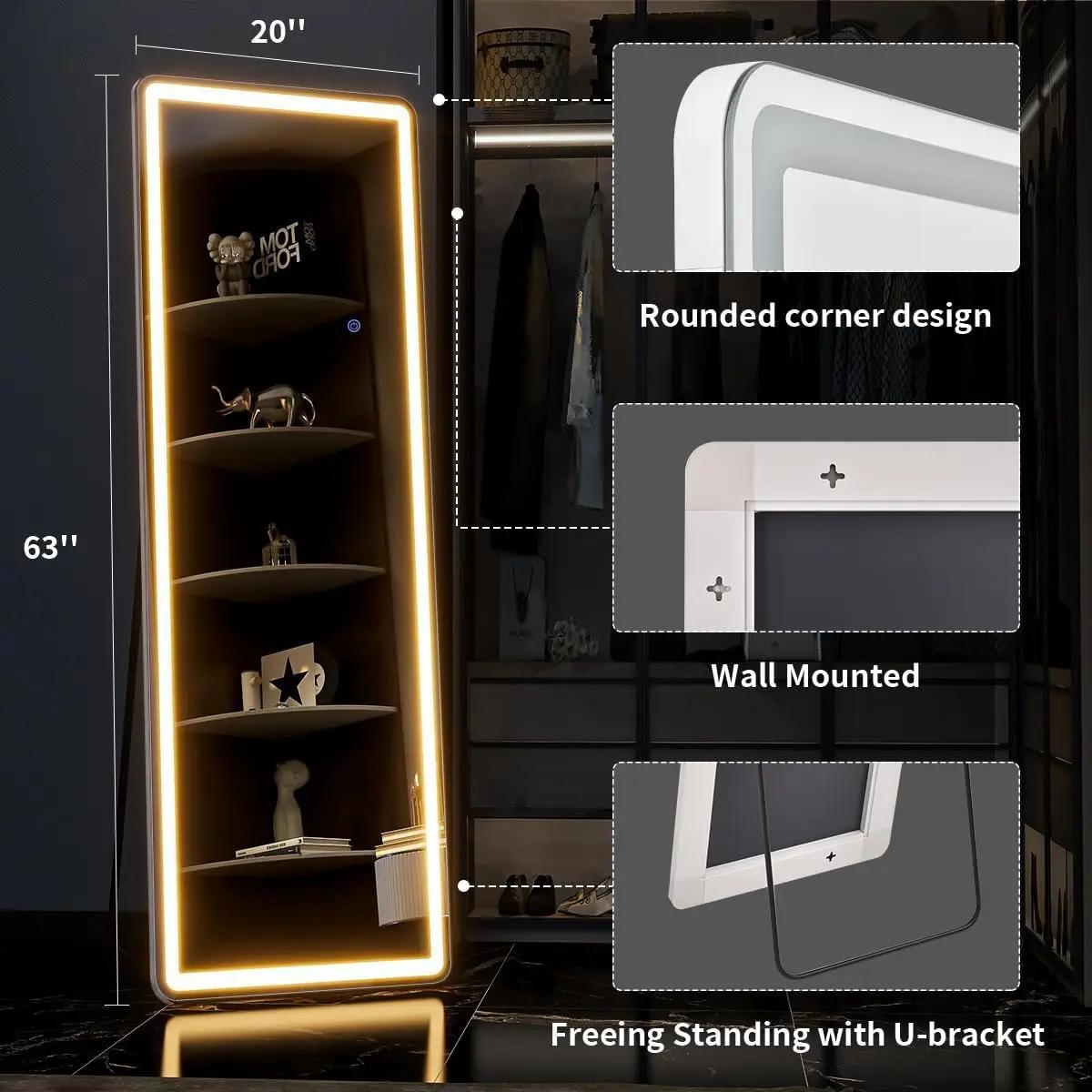 Miroir pleine longueur 63 "x 20" avec lumières, miroir LED pleine longueur, miroir de sol éclairé av