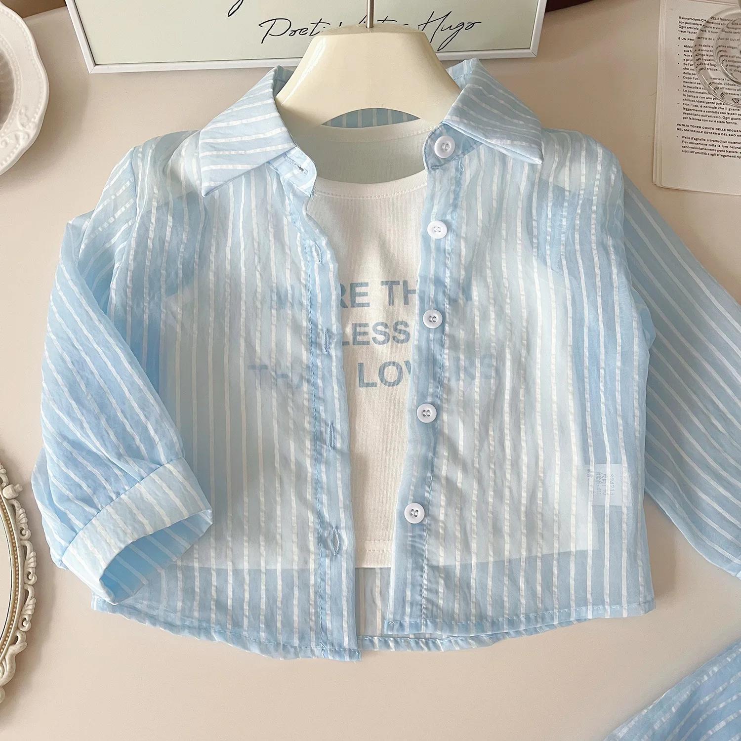 Ensemble de protection solaire pour filles, chemise à manches longues à rayures + gilet + short, cos