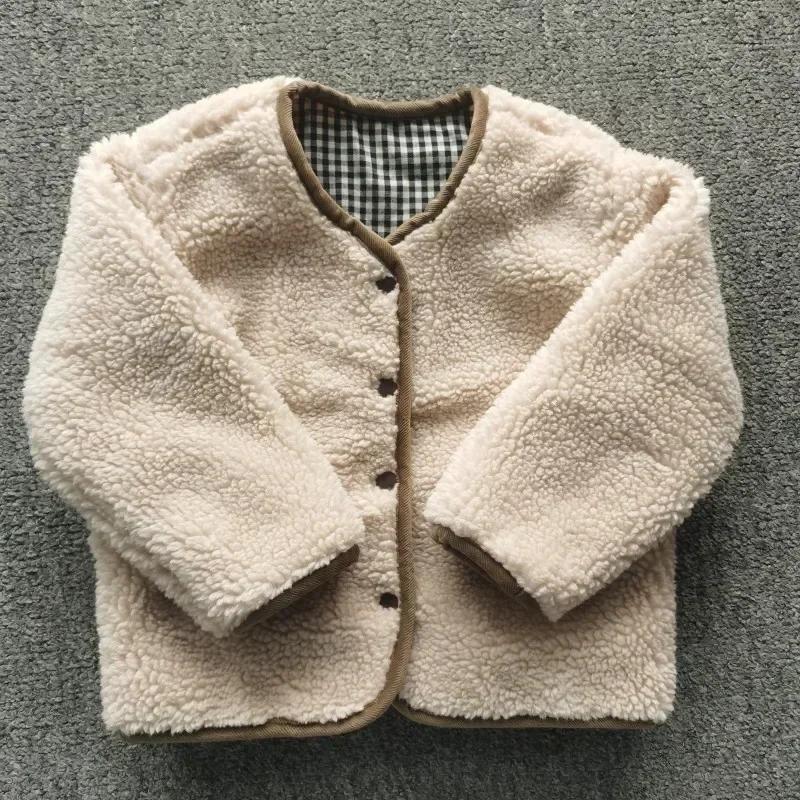 HoneyCherry automne et hiver nouvelle veste chaude enfants deux côtés porter Plaid en peluche veste