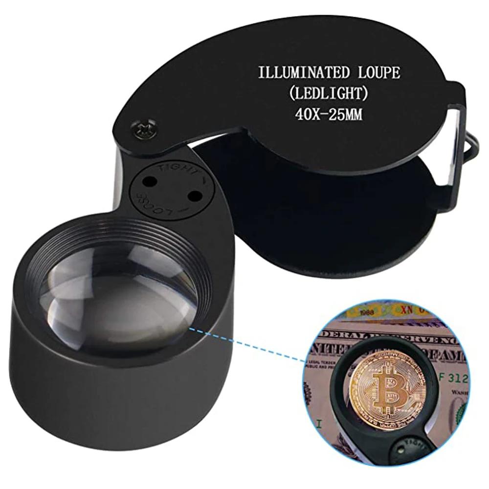 Loupe de bijoutier pliante de poche 40X, Loupe avec lumière pour montre, pièces de monnaie, timbres,
