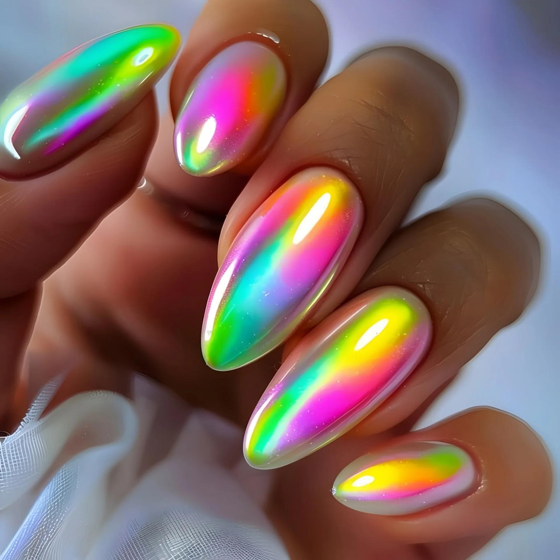24 pièces/ensemble faux ongles mi-longs pour femmes filles Y2K dégradé violet bleu jaune vert carré