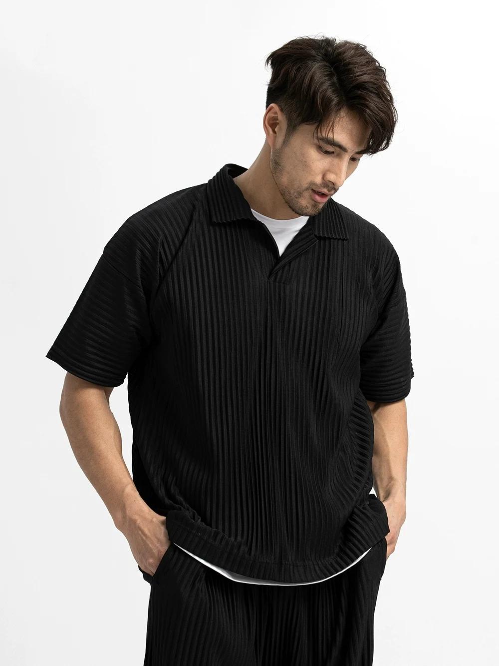 Miyake plissé hommes Polo à manches courtes revers t-shirt respirant ample décontracté plaine haut M