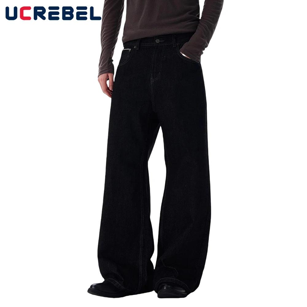 Poche pantalon en jean brut hommes couleur unie rétro haute rue droite jambe large jean foncé hommes