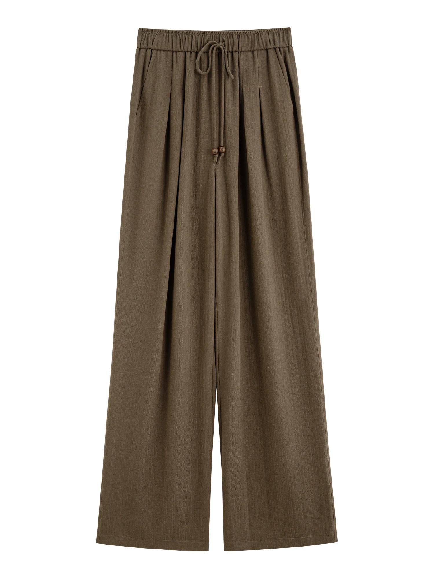 FSLE minimalisme Style lin droit élastique taille haute pantalons décontractés pour les femmes été 2