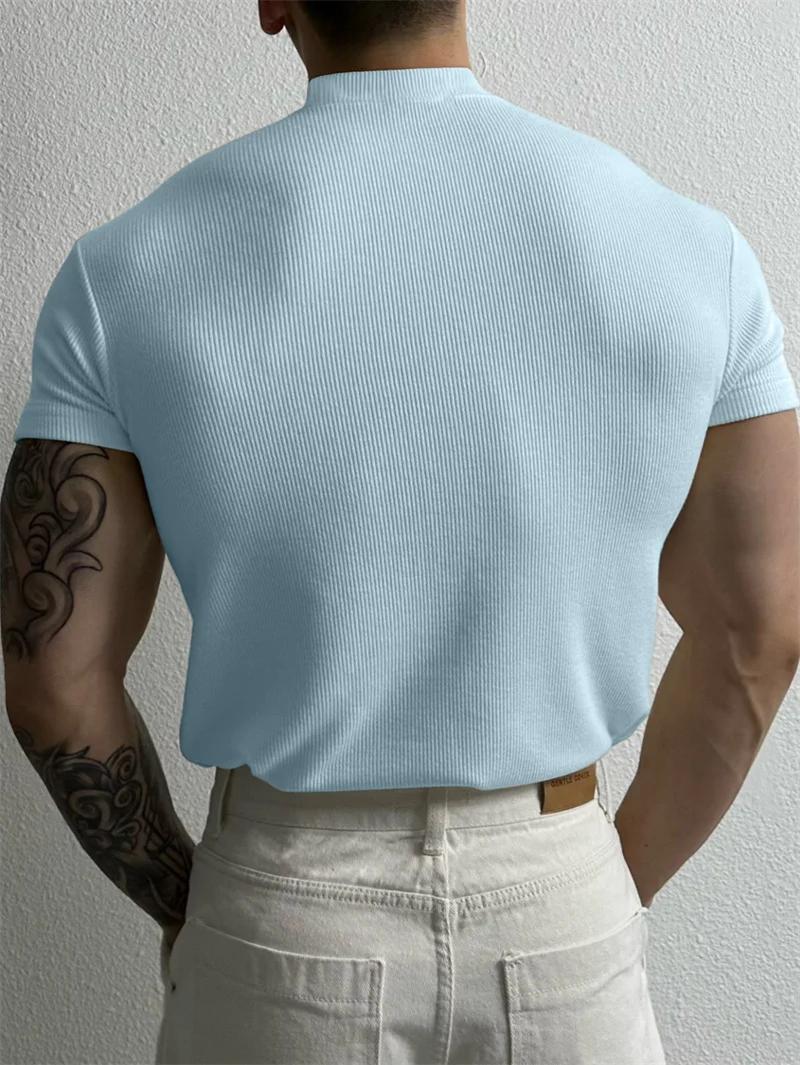 Printemps été mode hommes T-shirt petit col haut chemise à rayures à manches courtes haut de fitness