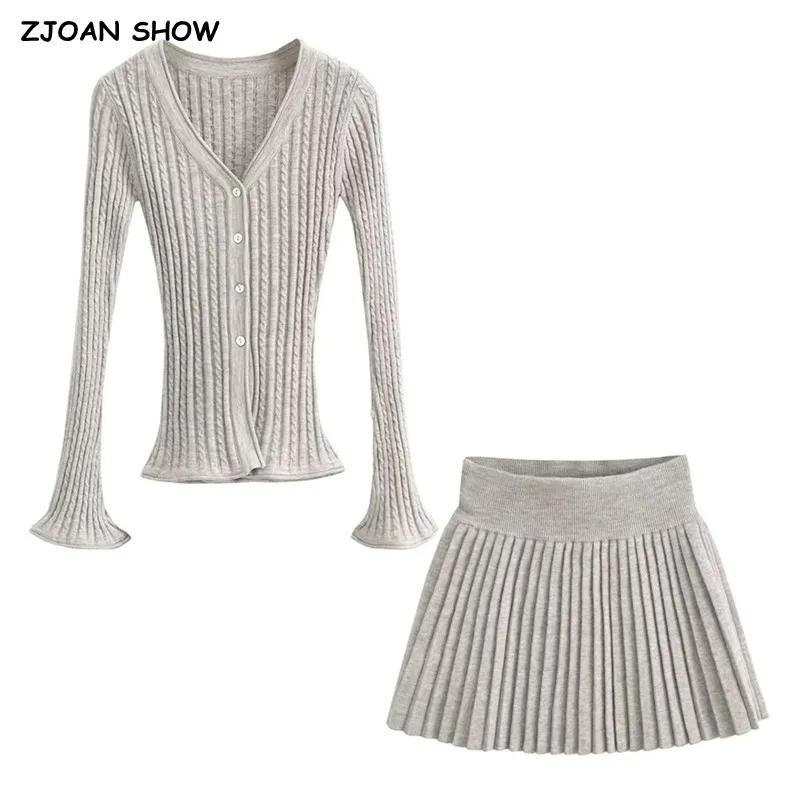 Cardigan en tricot torsadé à col en V pour femmes, taille élastique, mini jupe plissée, olympiques a