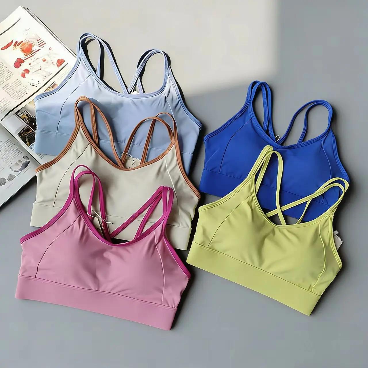 Soutien-gorge de sport une pièce à double bretelles croisées dans le dos, color block, séchage rapid