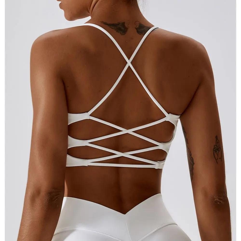 Soutien-gorge de sport en forme de U pour femmes, couleur unie, multi-sangle, dos croisé, Fitness, h