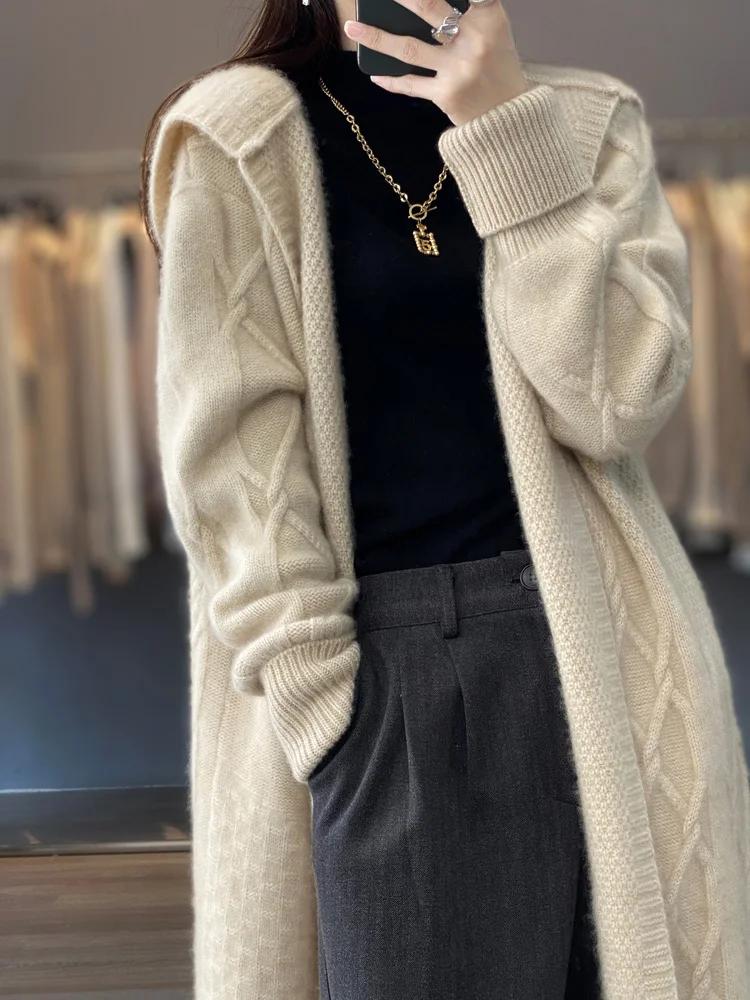 Cardigan Long en laine mérinos pour femme, pull torsadé à manches longues, manteau, ample et chaud,