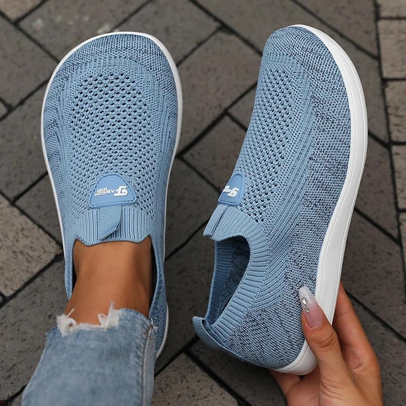 Chaussures à bout large pour femmes, baskets de marche respirantes en maille tricotée, semelle soupl