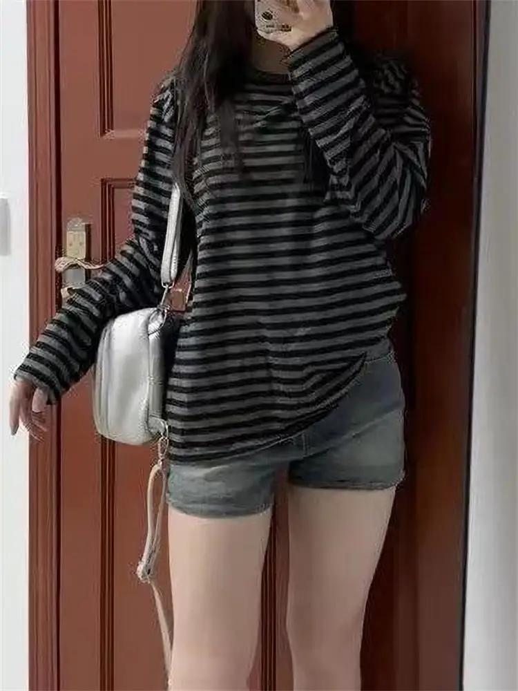 T-shirt manches longues pour femmes, vêtements japonais Y2k, hauts rayés, ample et fin, Grunge des a