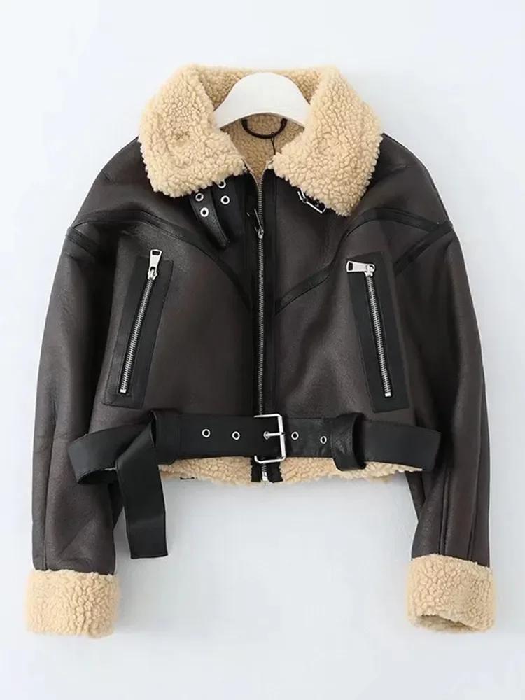 Ailegogo hiver femmes Streetwear fausse fourrure d'agneau veste courte avec ceinture Moto Biker épai