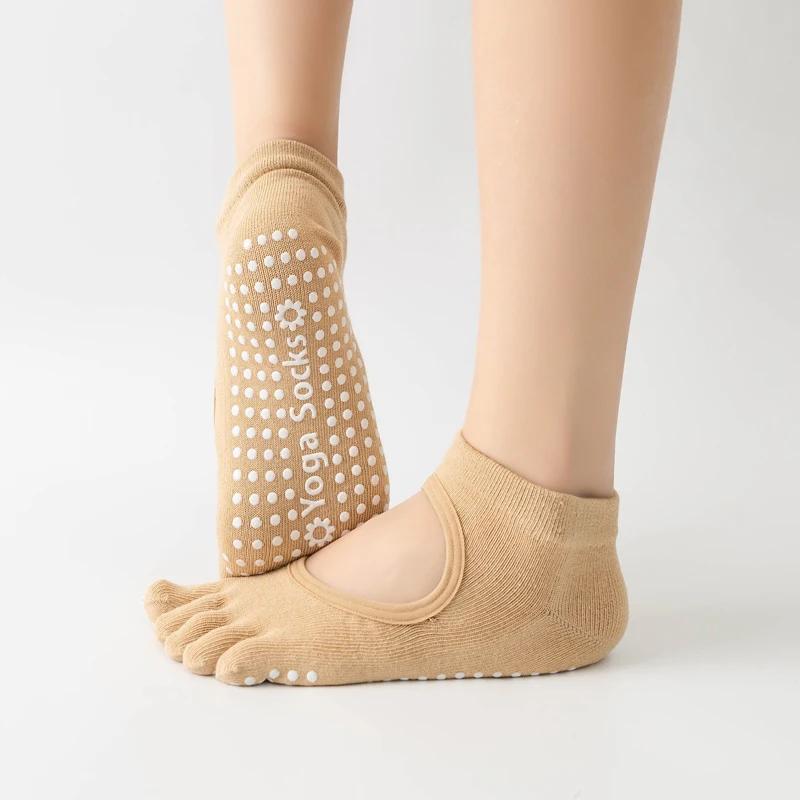 Chaussettes de Yoga dos nu à cinq orteils pour femmes, en coton, antidérapantes, pour Fitness, Pilat