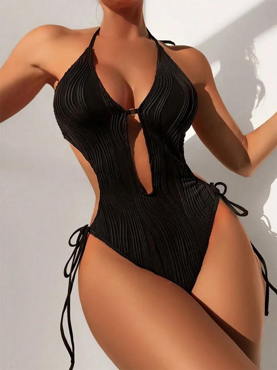 Maillot de bain une pièce pour femmes, sexy, col en v déformé, monokini, échancré, tenue de plage
