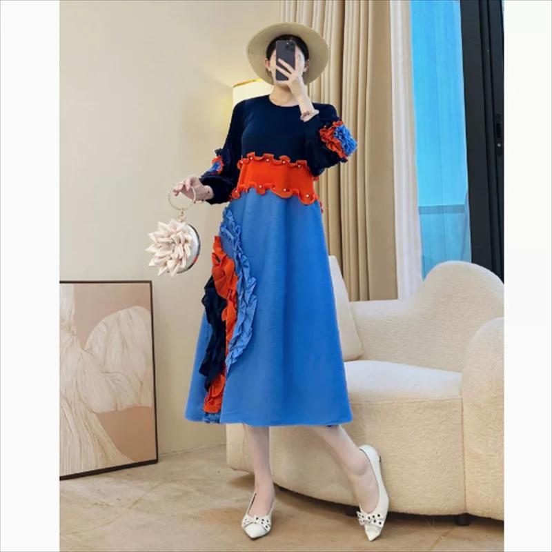 Miyake cravate fleur conception femmes robe plissée col rond à manches longues Colorblock Patchwork