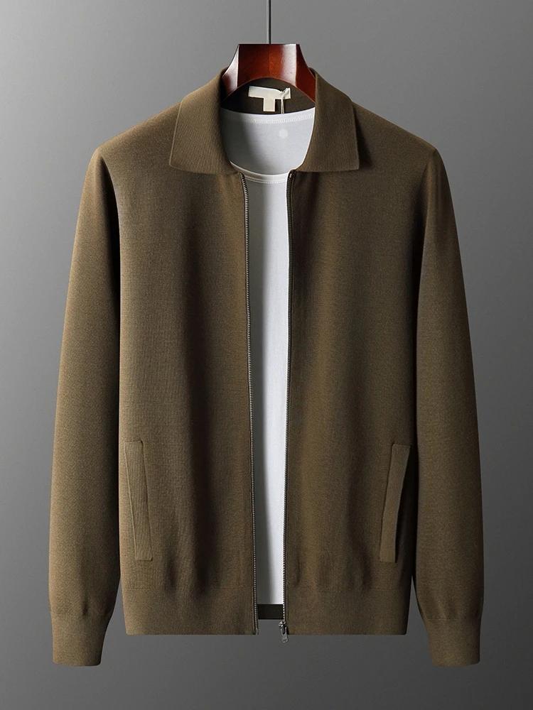 Pull à col rabattu en laine mérinos pour hommes avec fermeture éclair, manteau cardigan, tricots en