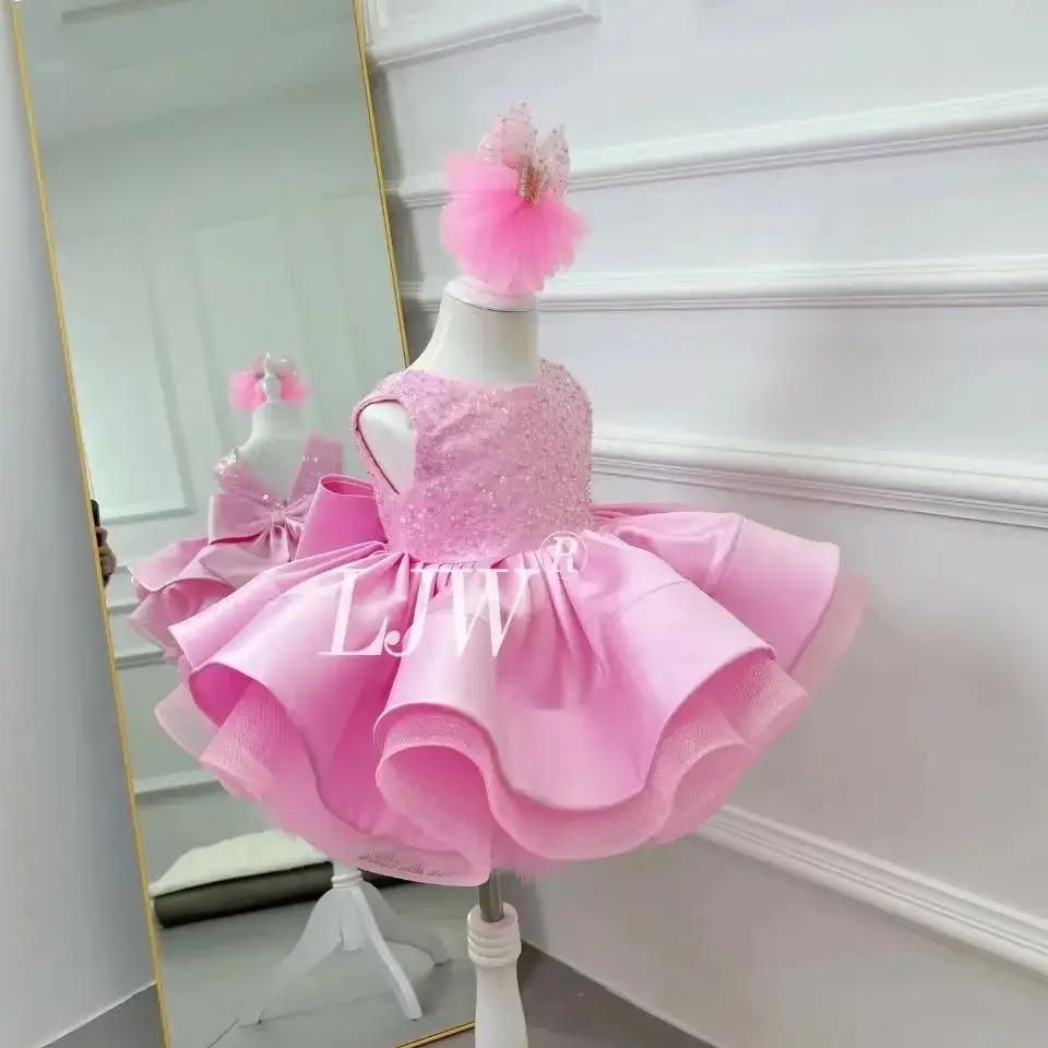 Col en v rose paillettes fleur fille robe de mariée bébé premier robe de noël élégant fête d'anniver