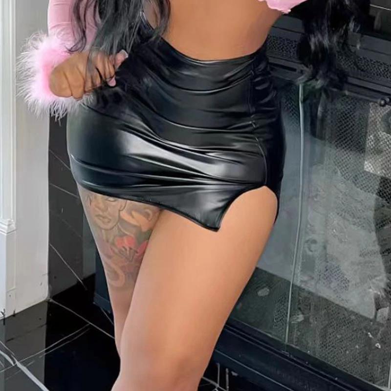 Jupe Sexy en cuir noir pour femmes, taille haute, enveloppée sur les hanches, confortable, fendue, c