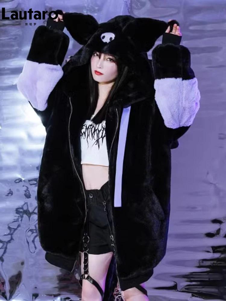 Lautaro automne hiver surdimensionné couleur bloc fausse fourrure manteau femmes Harajuku Kawaii dou