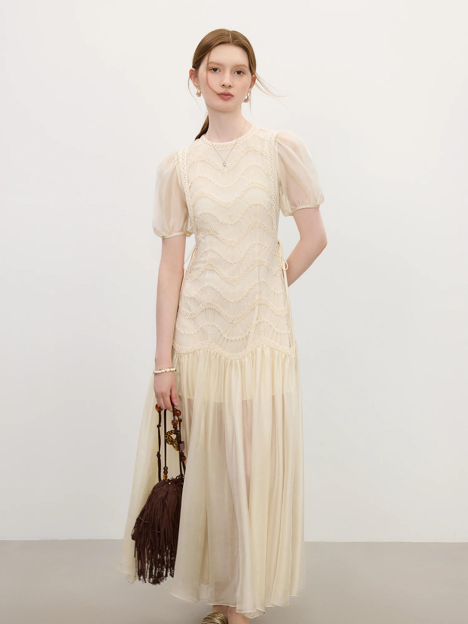 FSLE 2025 été femmes maille broderie robe évider épissage bulle manches taille cravate Y2K à la mode