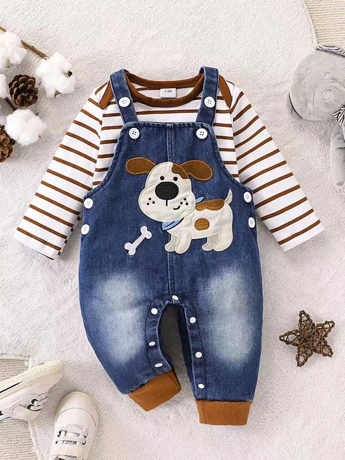 Combinaison rayée rouge et blanche pour bébé garçon + salopette en jean à motif de chiot mignon, ten