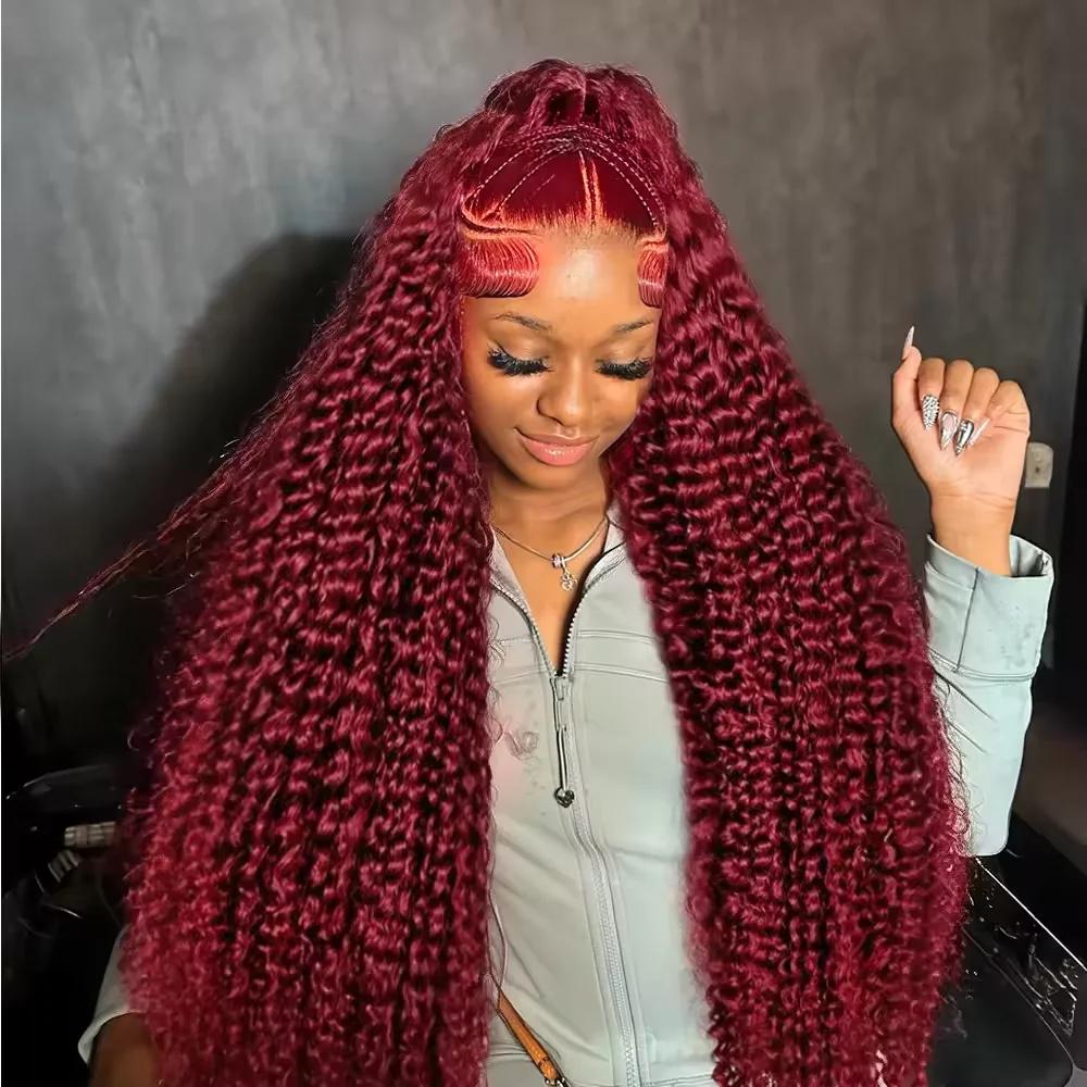 Perruque Deep Wave Lace Frmeds Naturelle pour Femme, Cheveux Bouclés, Bordeaux, HD, Densité 250, 30