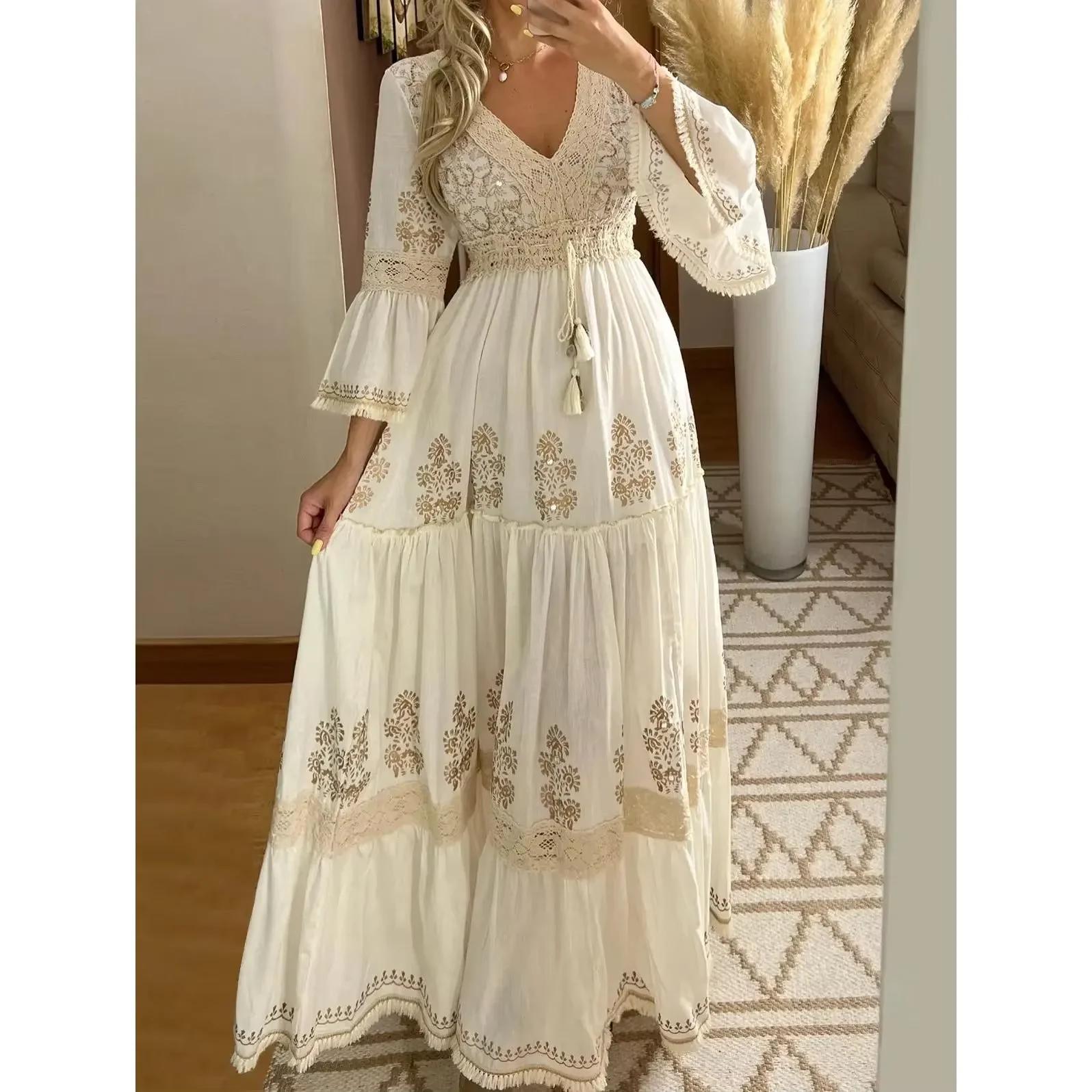 Robe longue pour femme élégante à franges, col en V, manches évasées, style vintage bohème, décontra