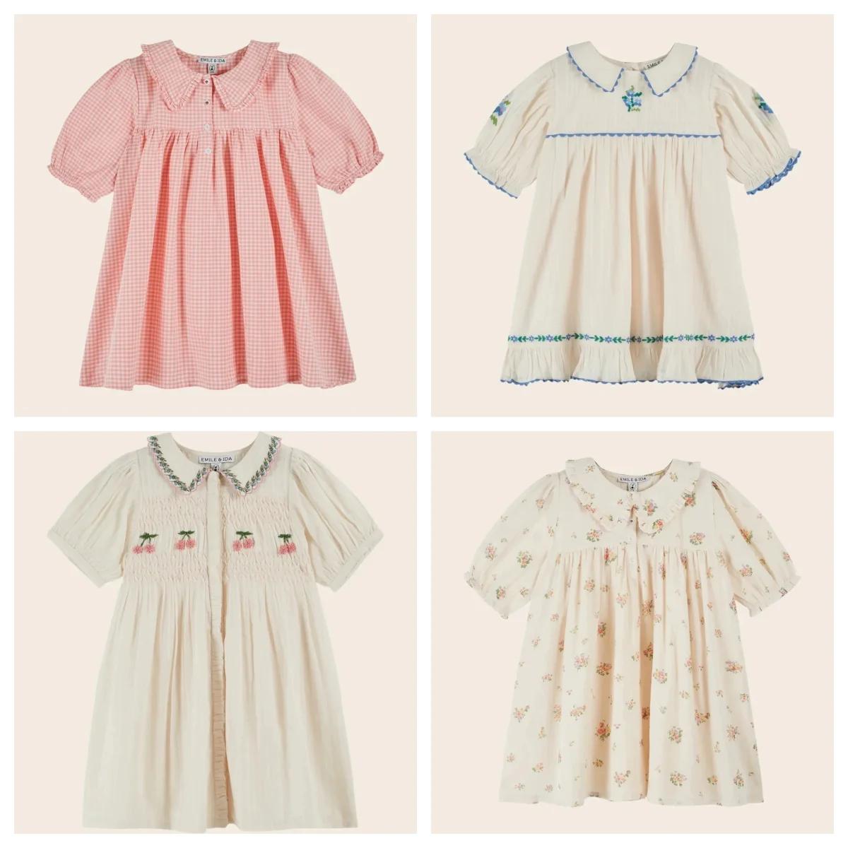 Robe en jean plissée pour fille, broderie florale, manches courtes, style princesse, collection été