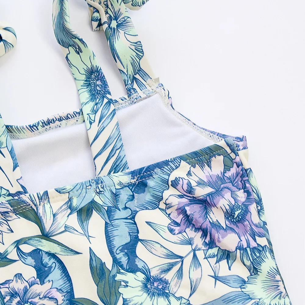 Été fleur imprimé filles enfants une pièce maillots de bain maillot de bain nœud déco enfants plage