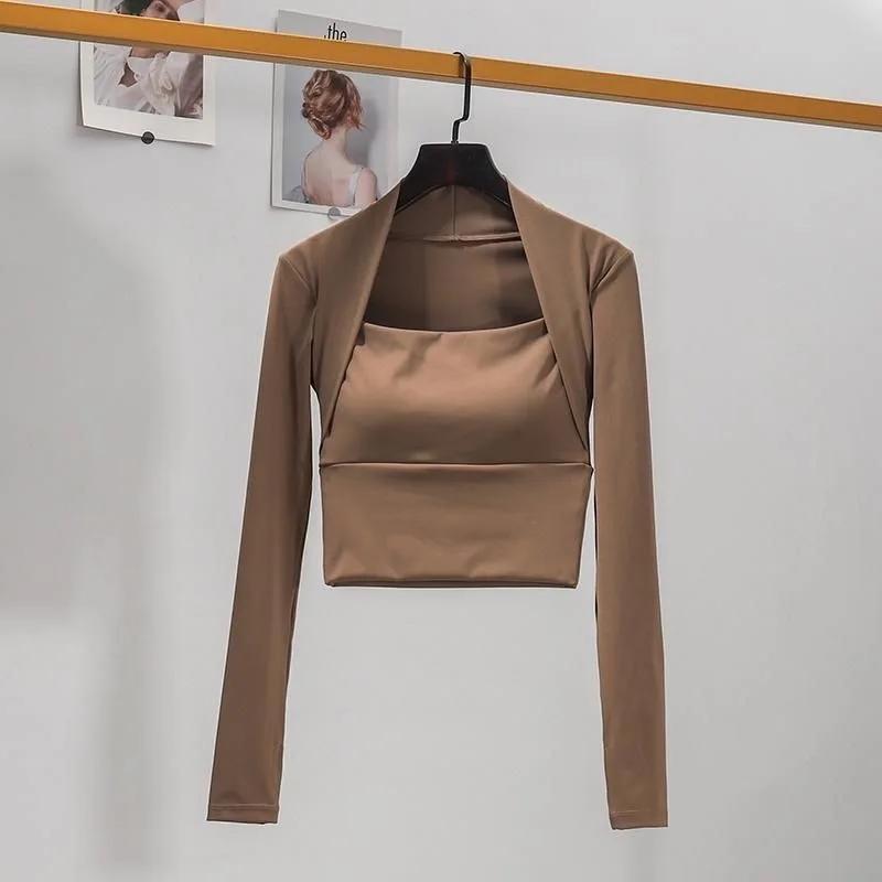Haut de sport avec coussin de poitrine pour femmes, chemises à manches longues, court et élégant, vê