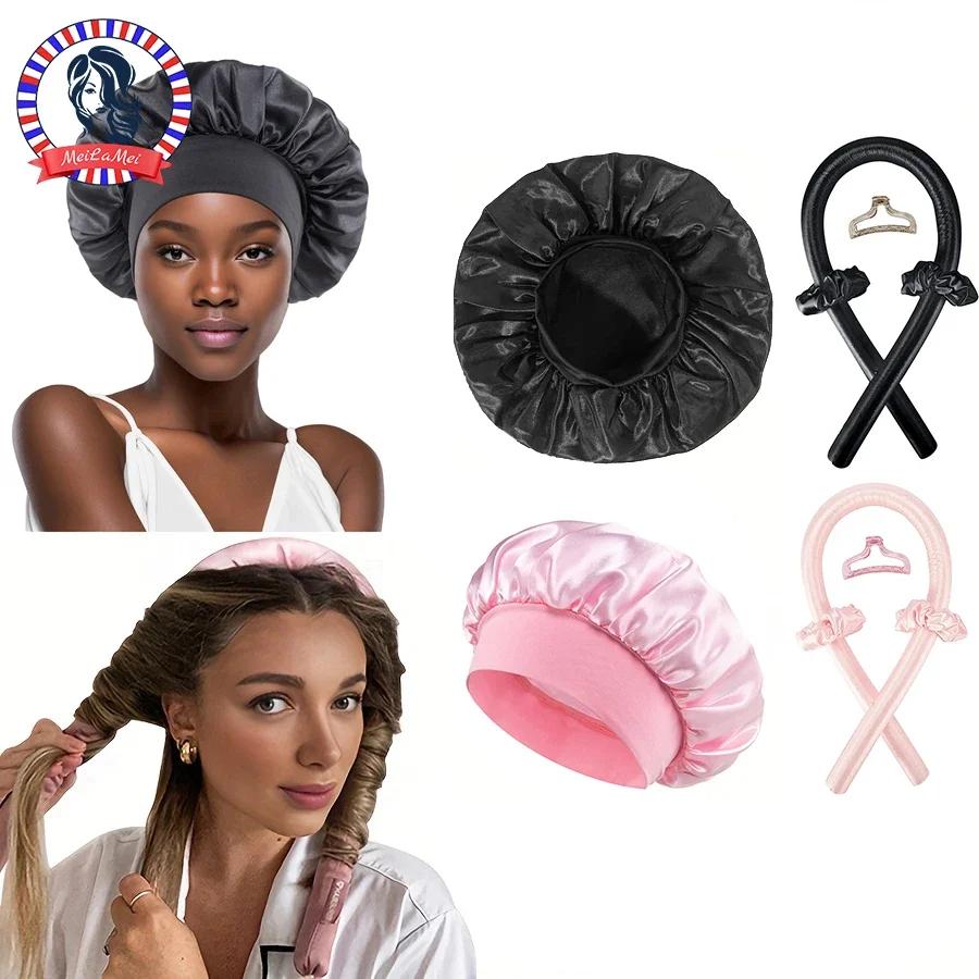 Ensemble de bonnets de couchage en Satin, sans chaleur, bandeau à friser, pince à cheveux, anneaux p