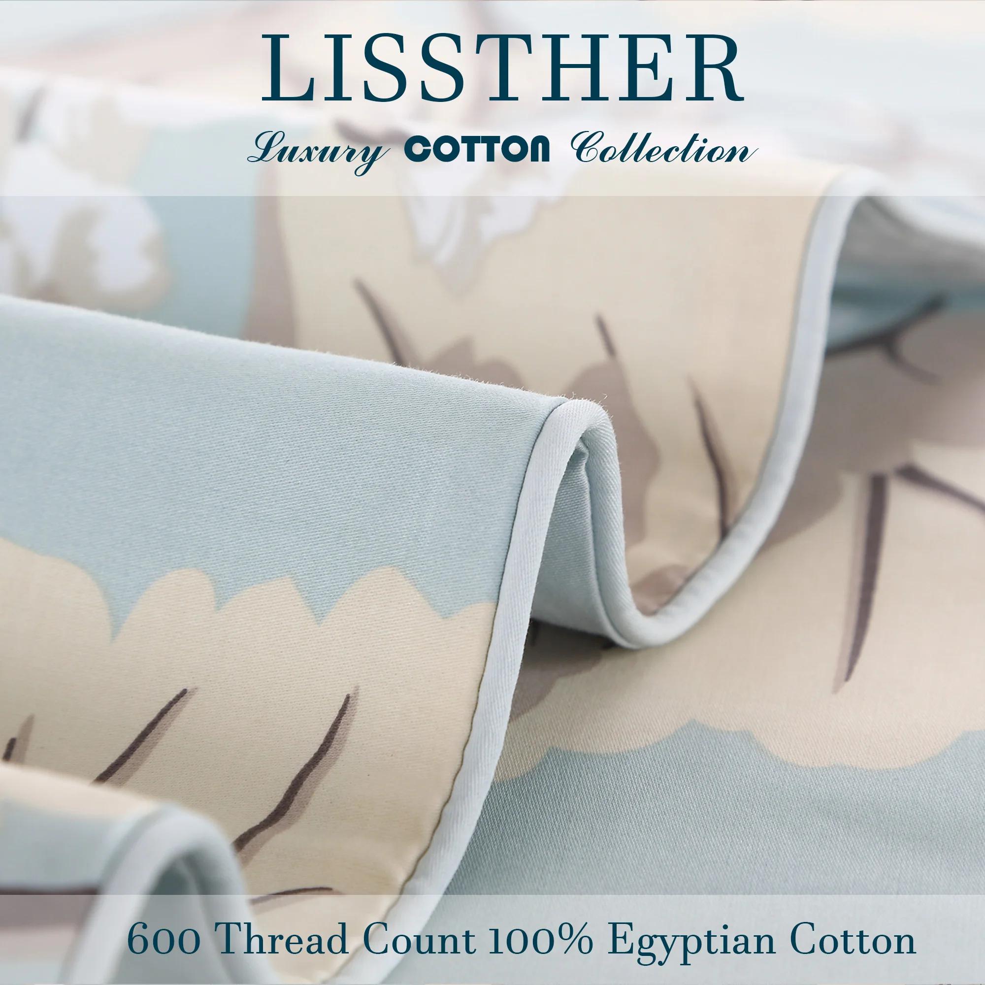 Ensemble de housse de couette 3 pièces 600TC 100% coton égyptien, feuilles de luxe bleues florales,