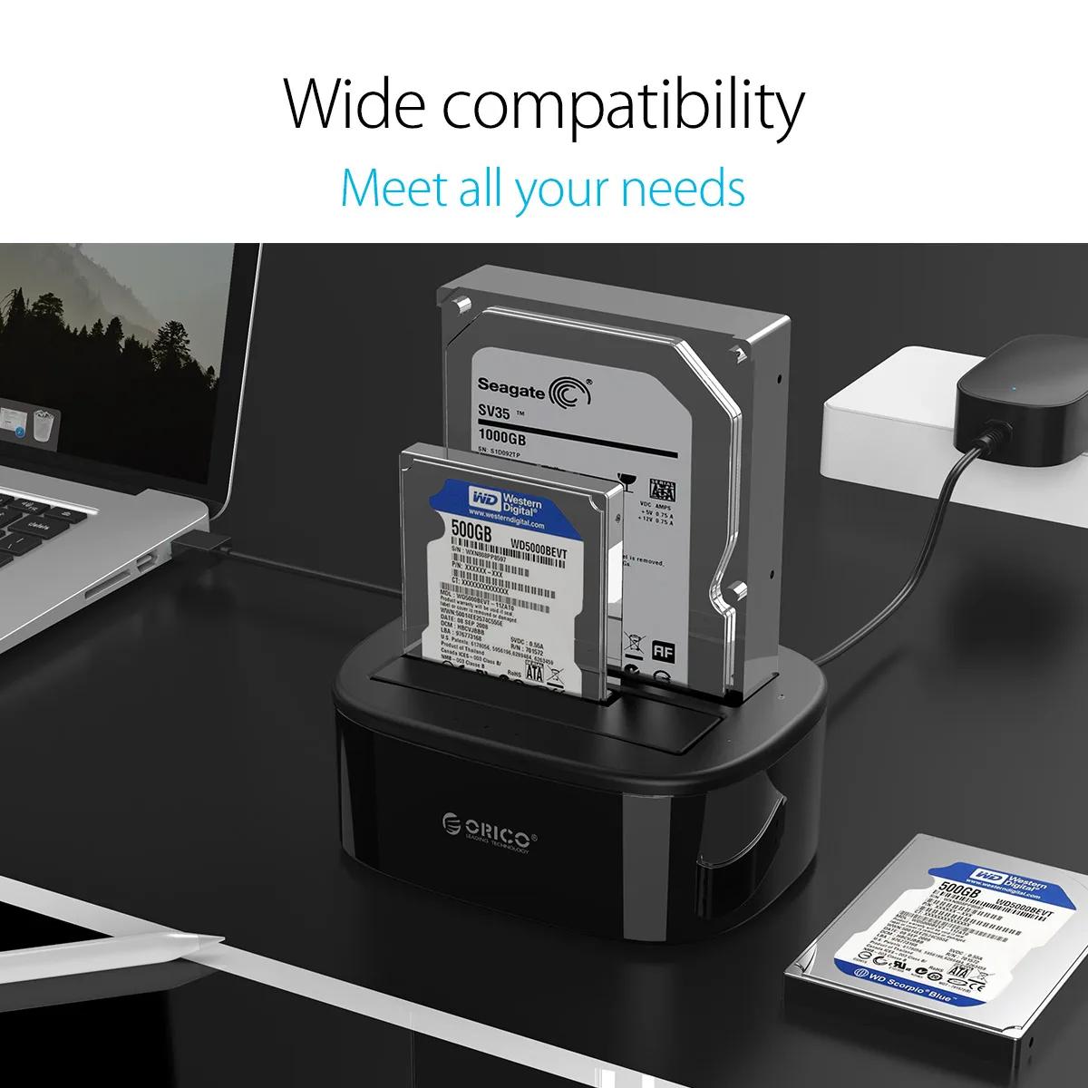 ORICO Station d'accueil pour disque dur double baie pour 2.5/3.5 pouces HDD SSD SATA vers USB 3.0 St