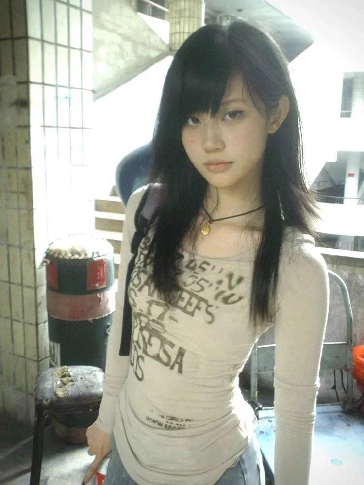 T-shirt manches longues côtelé avec lettres imprimées japonaises Y2k, Style Trashy des années 2000,