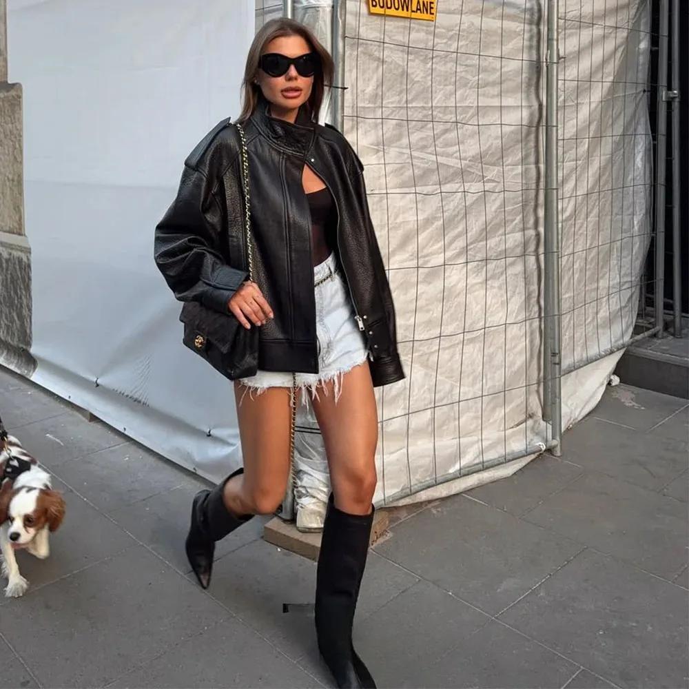 KONDALA Chic vestes en cuir noir boutons de fermeture éclair manteaux surdimensionnés mode 2025 auto