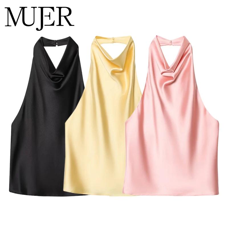 MUJER 2025 haut à licou pour femmes noir Satin dos nu haut femme rose été plage haut femme épaules n