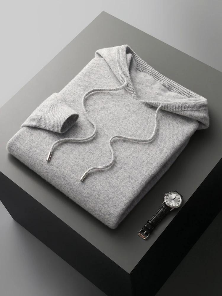 Costume deux pièces en laine mérinos pour hommes, pull tricoté à col à capuche et pantalon à jambes